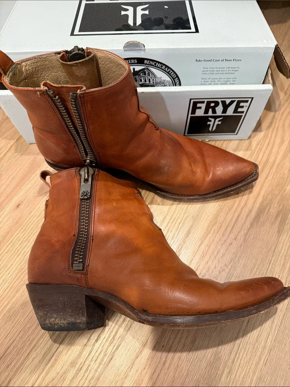 Frye Tan Leather Zip Ankle Boots